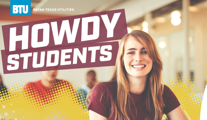 A student smiles with Howdy Students over her right shoulder