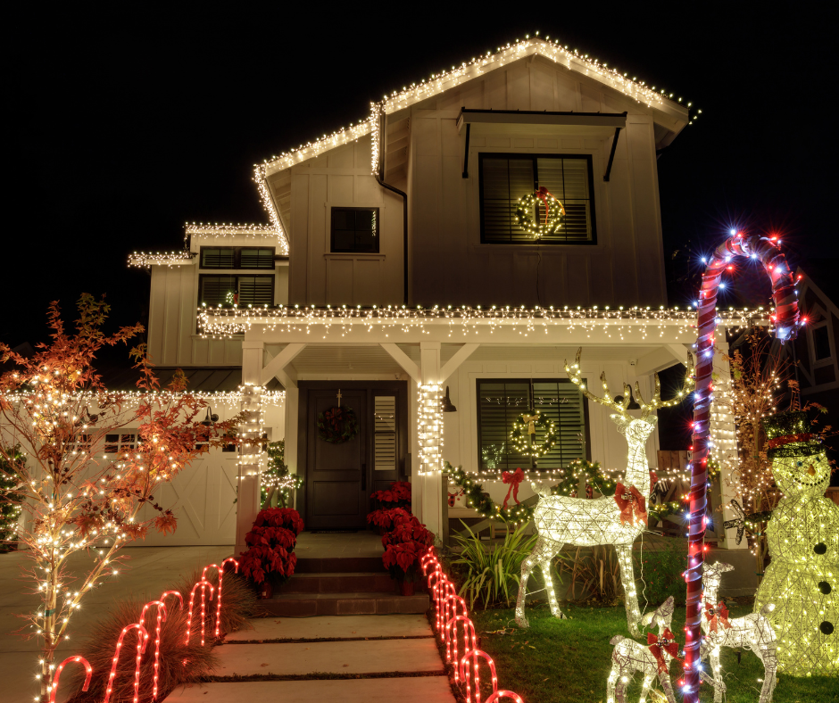 House with Christmas decorations secured by non-metal options like clips