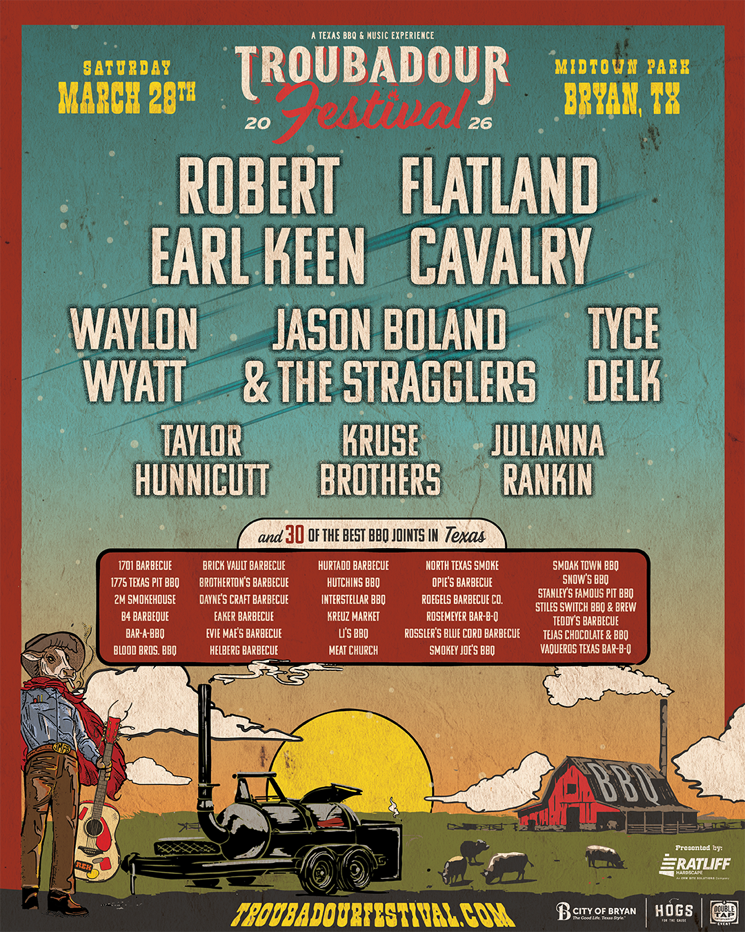 Official lineup poster for the 2026 Troubadour Festival in Bryan, Texas featuring eight musical acts and 30 barbeque joints.