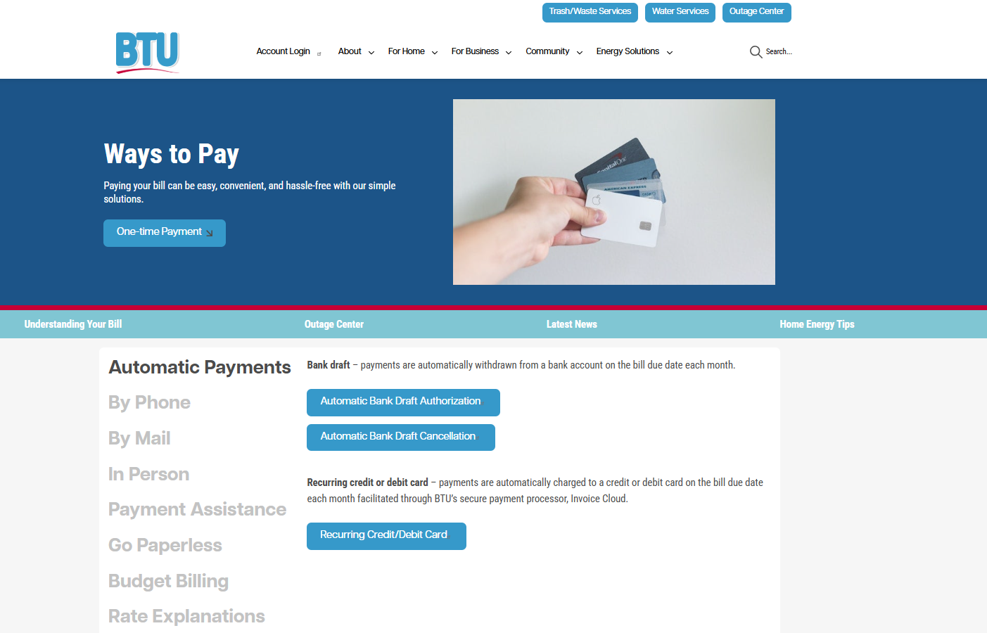 Screenshot of BTU's ways to pay page