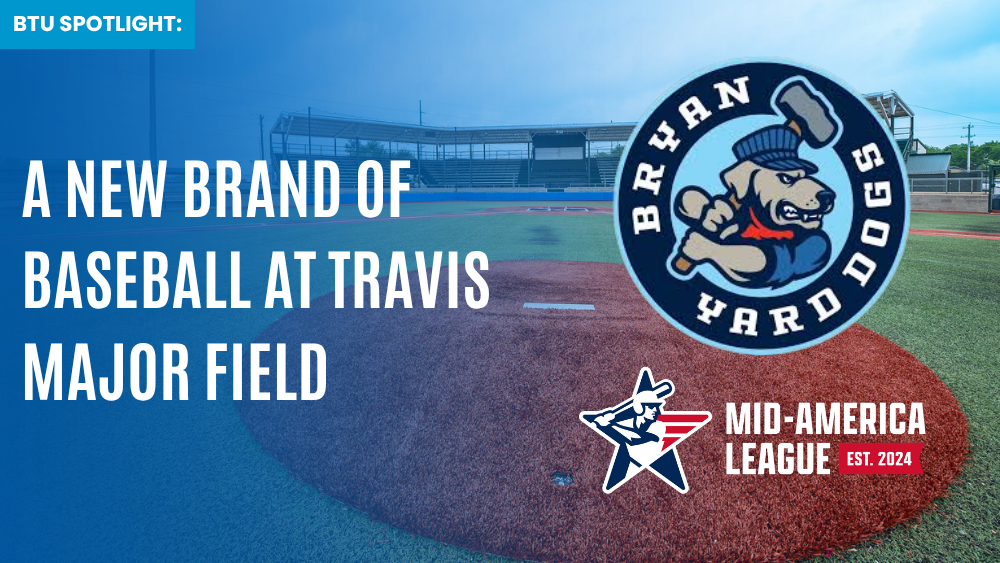Image of Travis Major Field in Bryan Texas with the Bryan Yard Dogs logo, the Mid American League Logo, and the words a new brand of baseball at travis major field overlayed