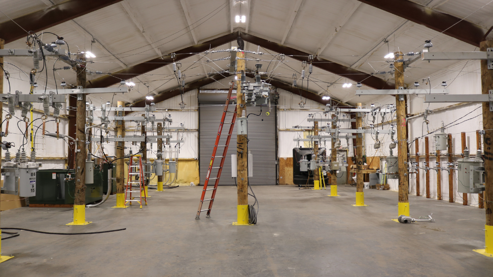 Interior of BTU's lineman training facility in Bryan, Texas