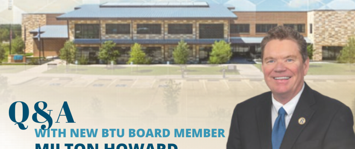 Milton Howard in front of the BTU administration building with the title q and a with new btu board member milton howard overlayed on top